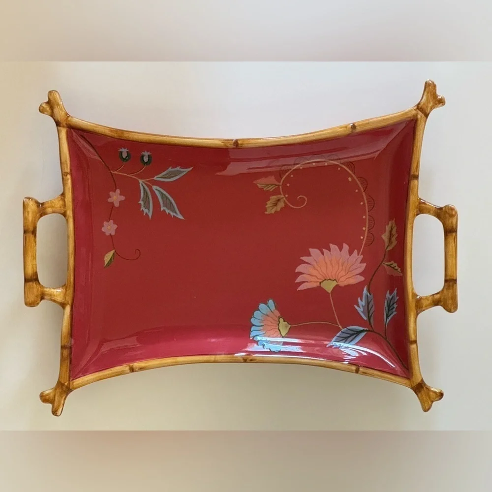 Tracy Porter Artesian Road Hand Painted “Bamboo” Trim Handle Fine China Tray